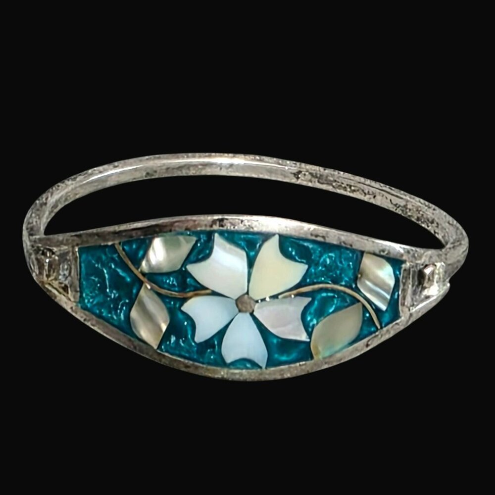 Vintage Girls Alpaca Silver Bangle Bracelet Abalone Aqua Inlay Floral Mexico 5.5